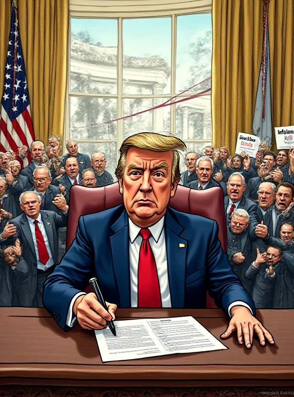 A political cartoon depicting Donald Trump signing an executive order with a chaotic scene unfolding behind him, symbolizing the consequences of his actions.