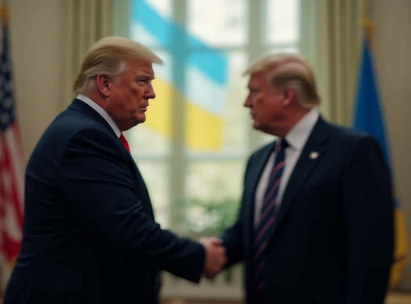A digital artwork showing a handshake between Keir Starmer and Donald Trump with the Ukrainian flag subtly waving in the background.