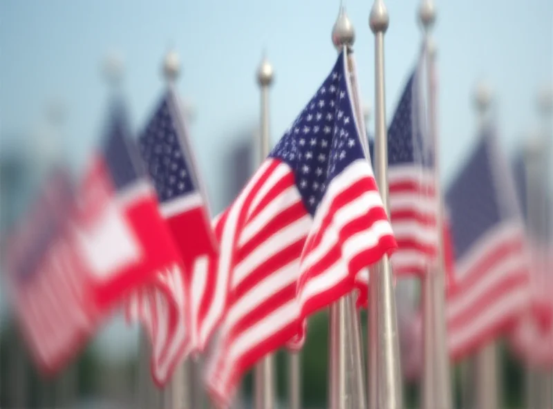 Image of US flags with Canadian and Mexican flags blurred in the background