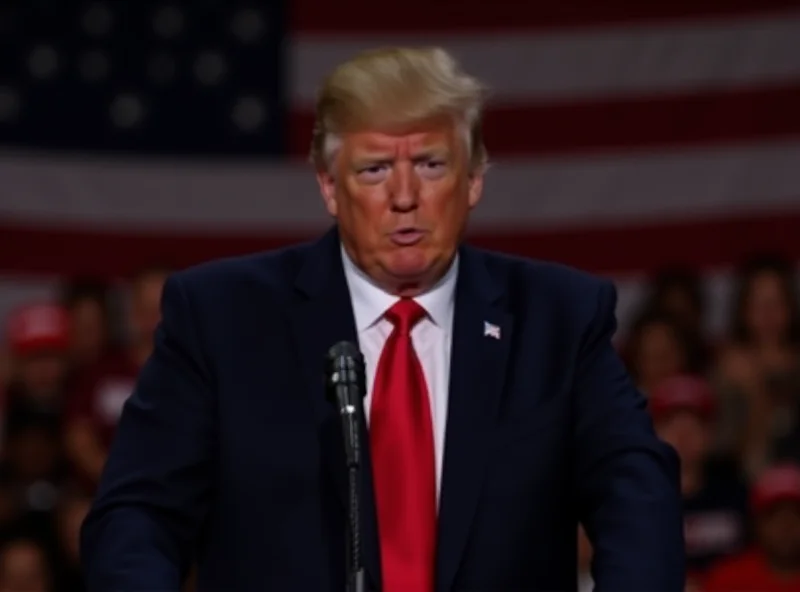 Donald Trump standing at a podium addressing a crowd, with the American flag behind him. He appears serious and focused.