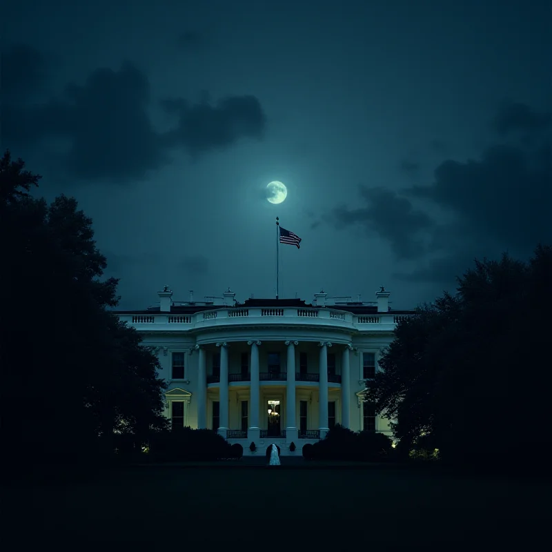 A digital painting of the White House at night, with a dark and ominous sky overhead. The lighting on the White House is stark, creating a dramatic and slightly unsettling atmosphere.