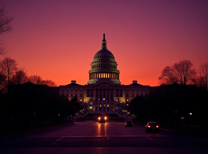 A wide shot of the US Capitol Building at dusk, symbolizing the heart of American politics and its current state of division.