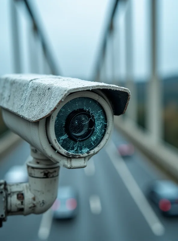 Close-up of a damaged ANPR camera mounted on a bridge, highlighting the impact of vandalism on public infrastructure.