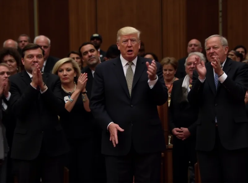 Scene inside the US Congress during a speech, showcasing a clear division between Republicans giving a standing ovation and Democrats holding protest signs.