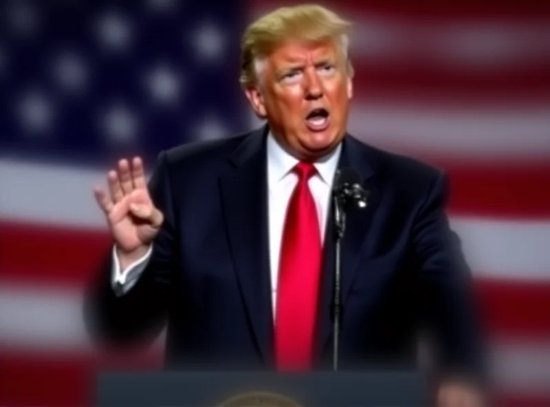 Donald Trump giving a speech at a podium with an American flag behind him. He is gesturing with his hand and speaking with conviction.