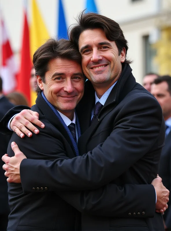 Volodymyr Zelenskyy hugging Justin Trudeau.