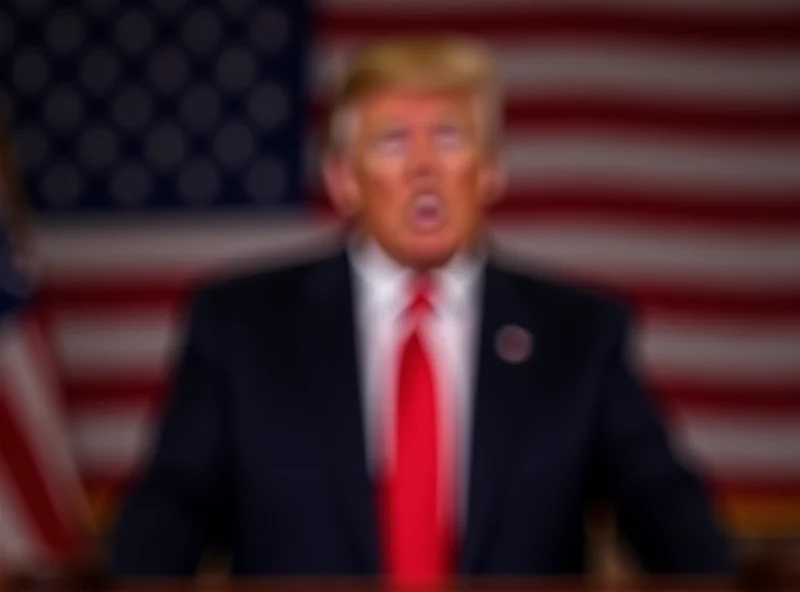 Donald Trump speaking at a podium with an American flag behind him.