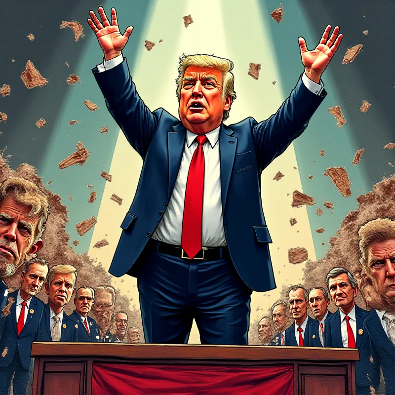 A political cartoon depicting Donald Trump claiming victory while surrounded by symbols of defeat.