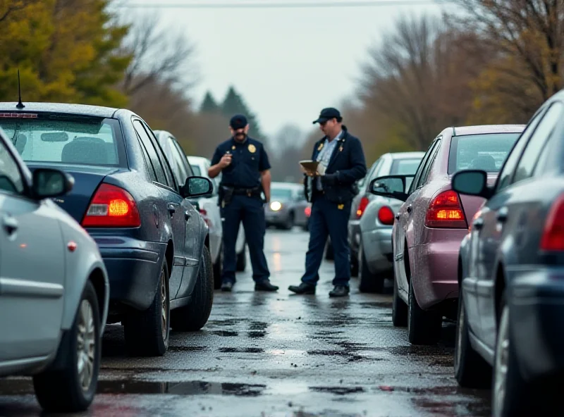 Damaged cars in a parking lot, with police investigating.