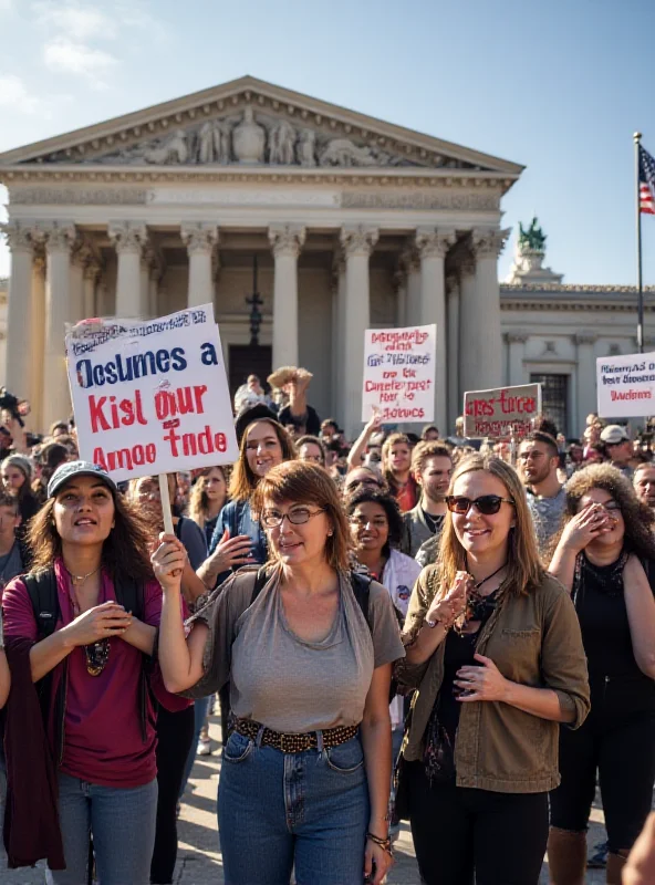 Protesters holding signs at a demonstration against tariffs.