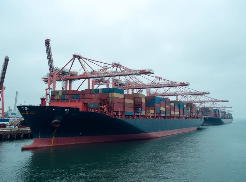 A cargo ship at a port, representing international trade.