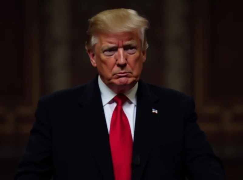 Donald Trump at a podium speaking with a serious expression.