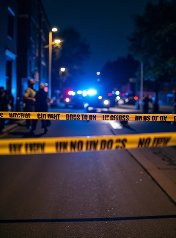 Police officers at a crime scene with yellow tape and flashing lights.