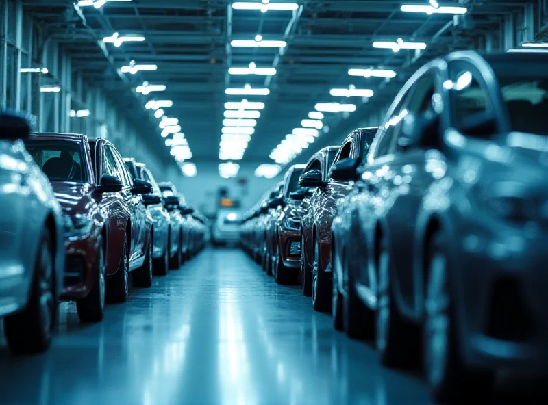 Line of newly manufactured cars in a factory.