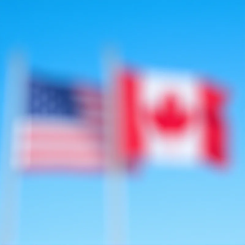 A split image showing the American and Canadian flags waving gently in the wind.