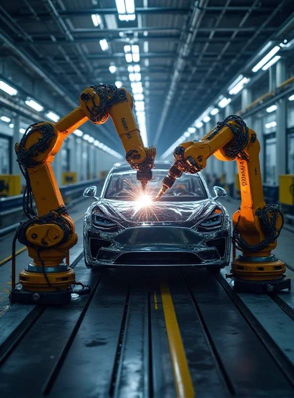 Photo of a Tesla factory assembly line with robotic arms welding car frames.