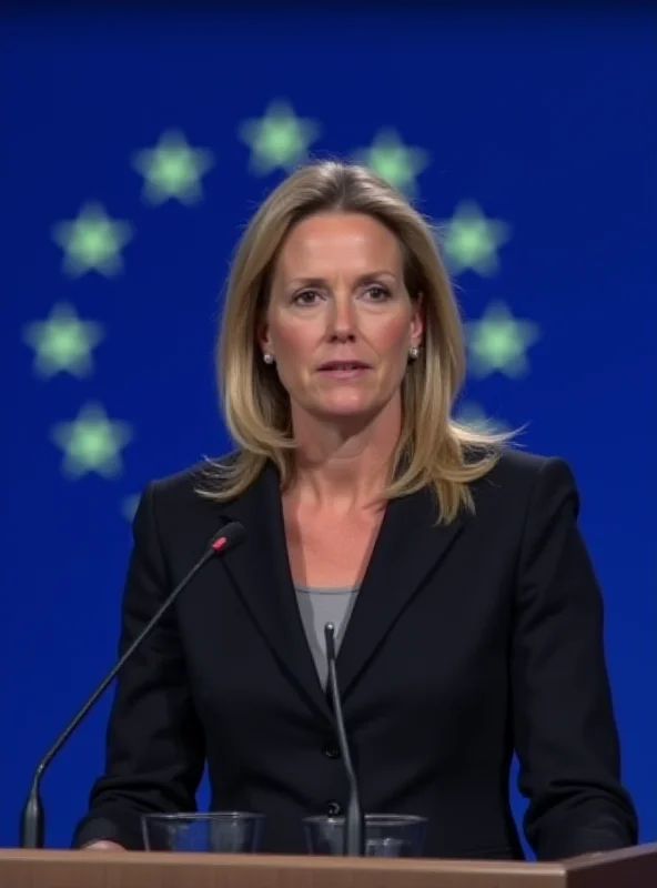 Image of Kaja Kallas, the EU foreign policy chief, speaking at a podium with the EU flag in the background.