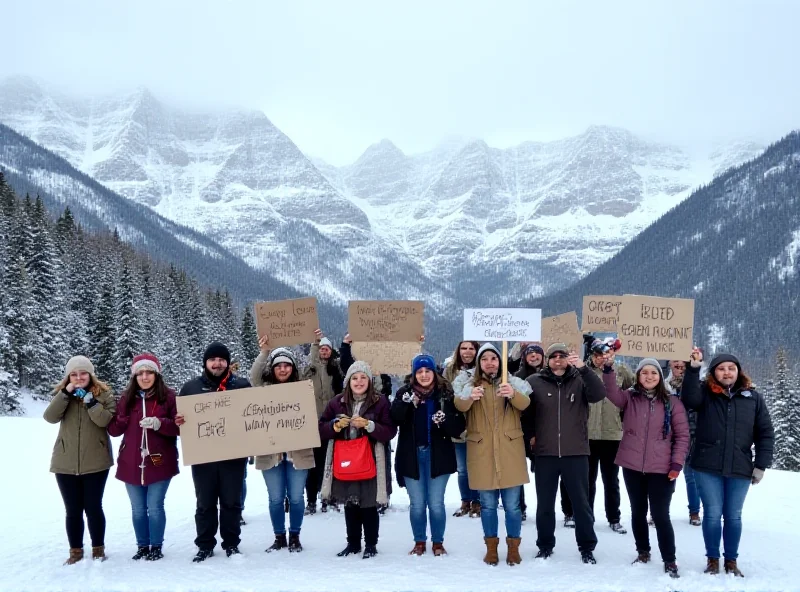 Image depicting a group of protesters holding signs and banners, with a snowy mountain landscape in the background.