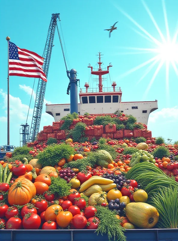 Illustration of agricultural products being loaded onto a cargo ship with a US flag in the background.