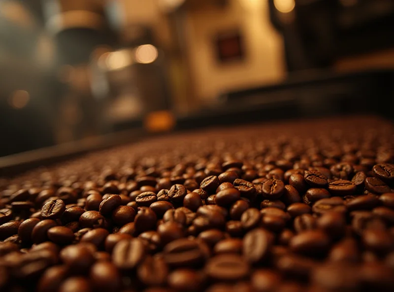 Close-up of coffee beans being roasted in a coffee roastery.