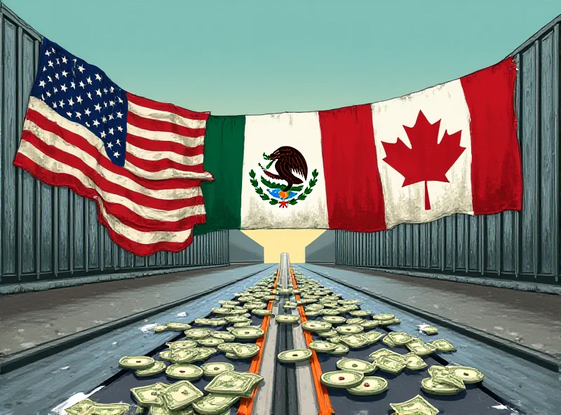 Illustration of trade barriers between the US, Mexico, and Canada, including money and fentanyl pills