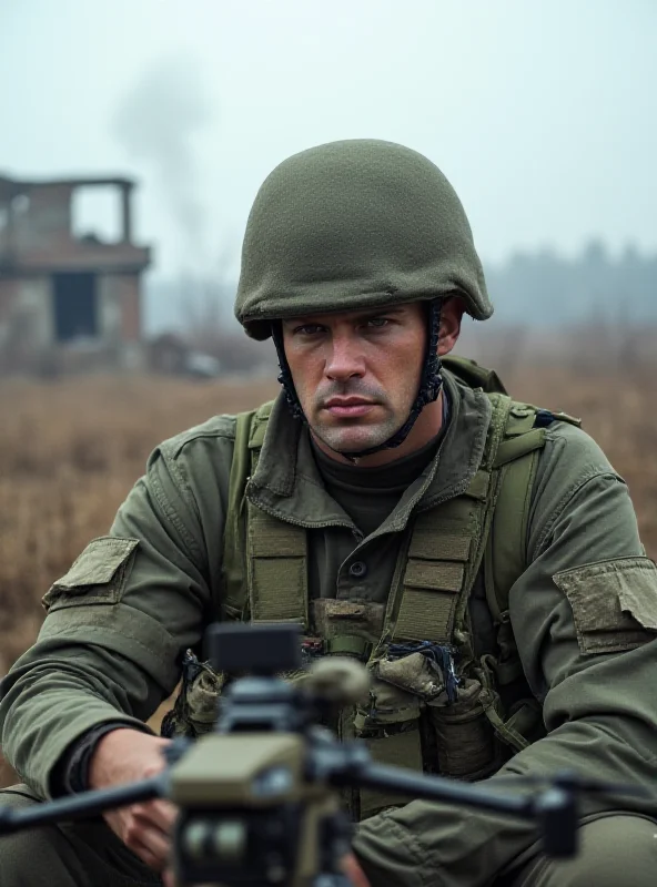 A Ukrainian soldier operating a drone in a war-torn landscape.