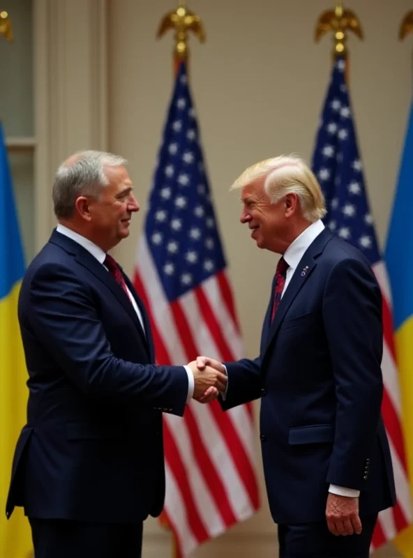 A handshake between a Ukrainian official and a US official in front of the Ukrainian and US flags.