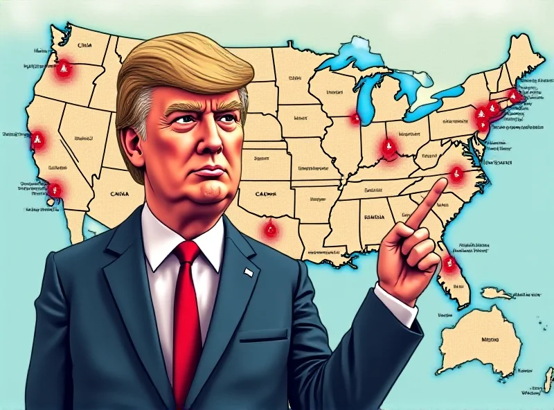 Illustration of Donald Trump pointing at a map with tariffs highlighted.