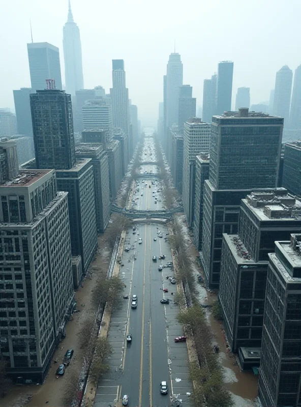 Aerial photograph of a modern, mostly empty city with wide streets and tall buildings.