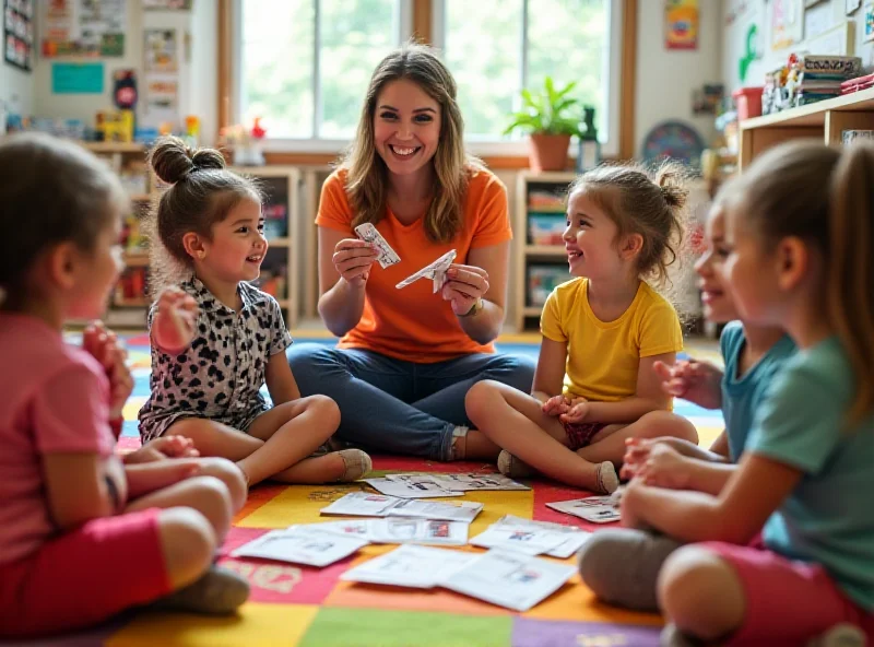 A group of young children sitting in a circle on a carpet, enthusiastically talking and holding up picture cards.