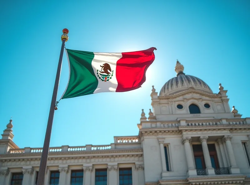 Image of the Mexican flag waving in front of the presidential palace in Mexico City