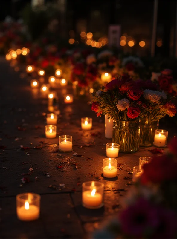 A somber memorial with candles and flowers dedicated to the missing students in Mexico