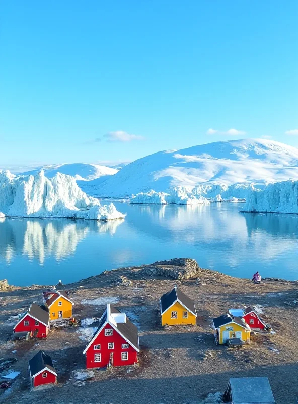 Greenland landscape with icebergs and colorful houses.