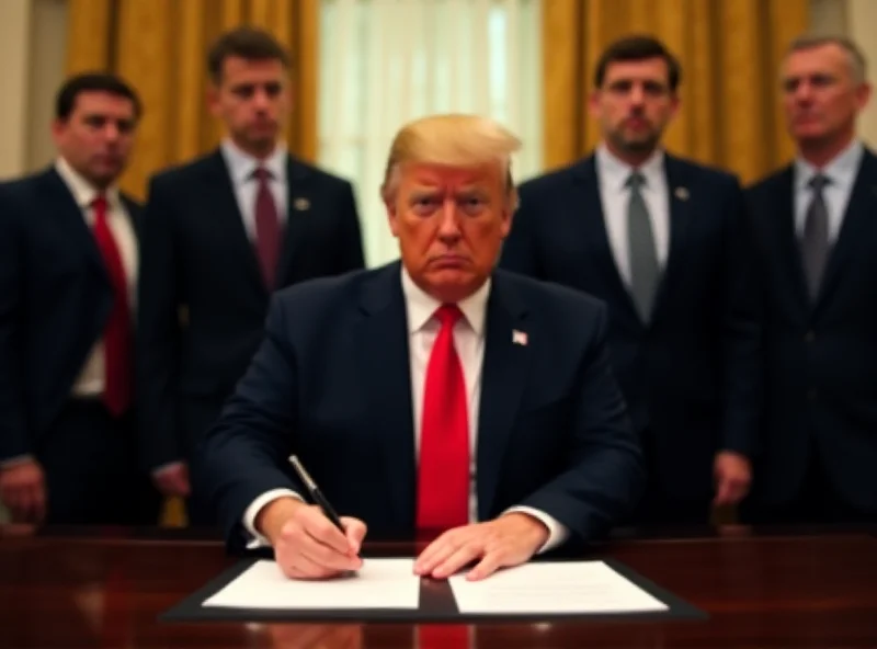 Image of President Trump signing a document with concerned economic advisors looking on.