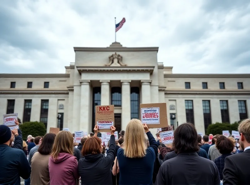 Image of the Federal Reserve building in Washington D.C. with protestors holding signs in the foreground.