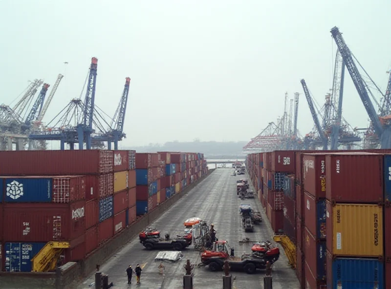 Image of goods being loaded onto a cargo ship at a port, with the flags of the US, Canada, and Mexico in the background, symbolizing trade and tariffs.