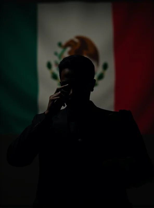 A silhouette of a journalist holding a microphone and notepad, standing in front of a Mexican flag, with a dark and ominous atmosphere.