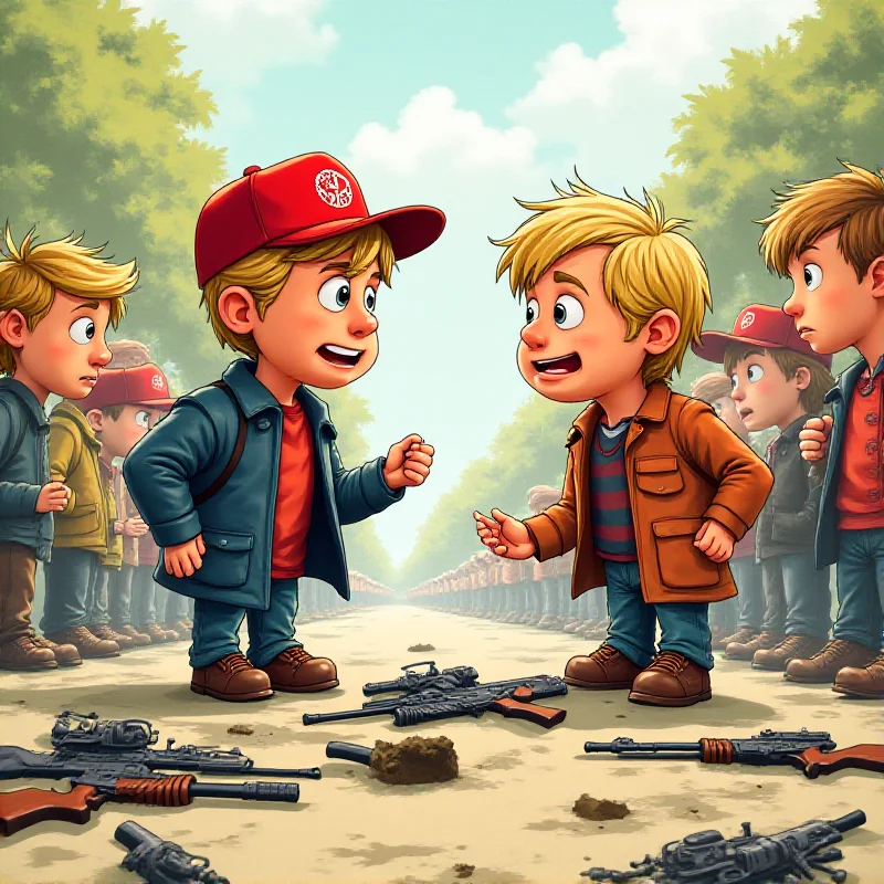 A cartoon illustration of a young boy resembling Donald Trump arguing with another boy resembling Volodymyr Zelenskyy, with toy weapons scattered on the floor around them.