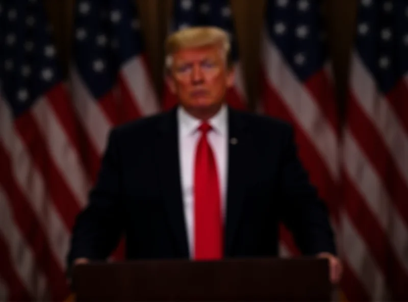 Donald Trump at a podium, looking serious and determined, addressing a crowd with American flags in the background.