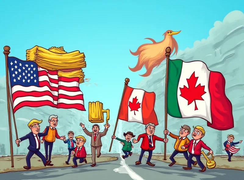 Illustration of trade war with tariffs between countries. Flags of the US, Mexico, and Canada are visible with a wall of tariffs growing between them.