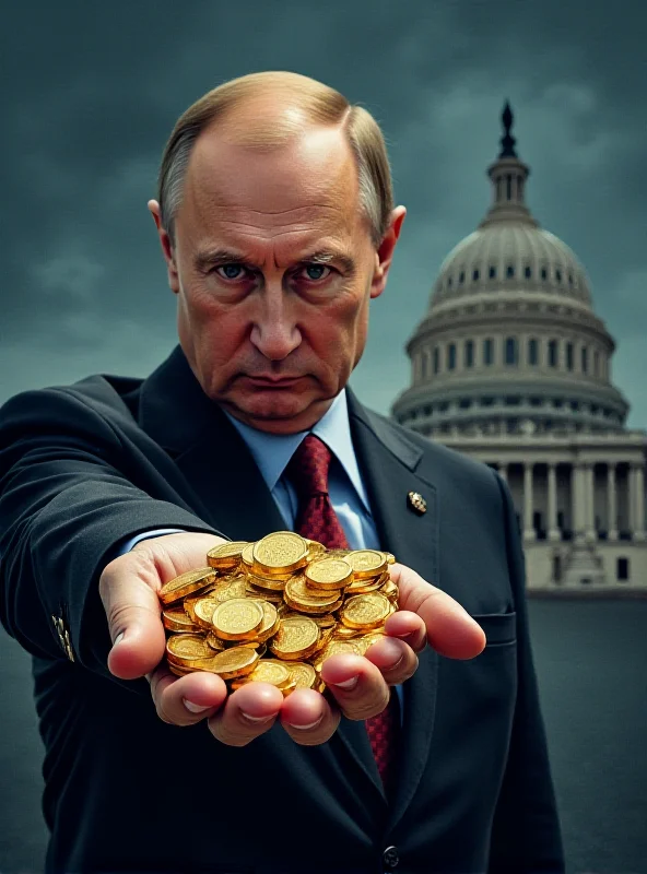 Illustration of Vladimir Putin extending a hand with money towards the United States Capitol building. The scene is stylized with cold, metallic tones.