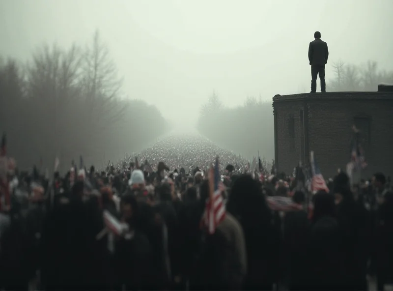 A somber image depicting a US Independence Day parade scene, blurred and desaturated, with a single, stark silhouette of a person on a rooftop overlooking the crowd.