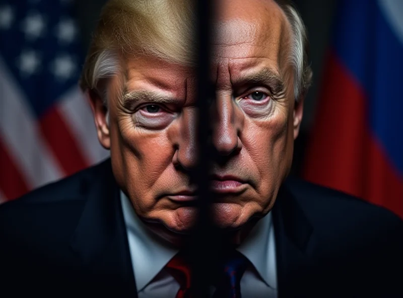 Split image showing Donald Trump on one side and Vladimir Putin on the other, both looking directly at the viewer with serious expressions. The background is divided by the American and Russian flags.