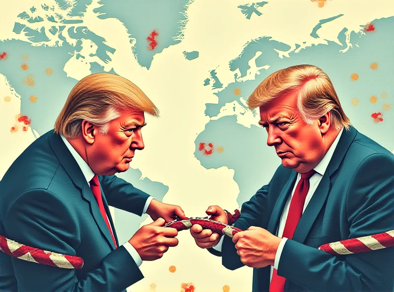 Illustration of a tug-of-war between the US and another country with tariffs as the rope.