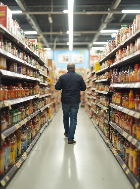 A supermarket aisle with noticeably higher prices on various items, symbolizing inflation and the impact of tariffs on consumer goods.