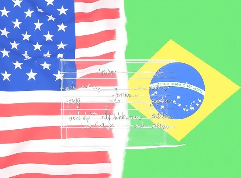 A split image showing the US flag on one side and the Brazilian flag on the other, with a chart illustrating a trade surplus favoring the US.