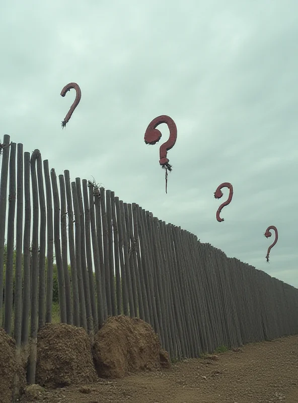 Image of the US-Mexico border with a stylized wall in the background and question marks hovering over it, symbolizing uncertainty about trade relations.