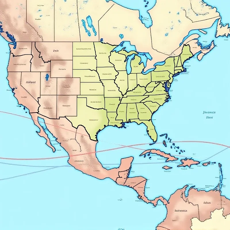 A world map highlighting the United States, Canada, and Mexico, with lines connecting them, representing trade routes. The lines are partially broken, symbolizing disrupted trade relations.