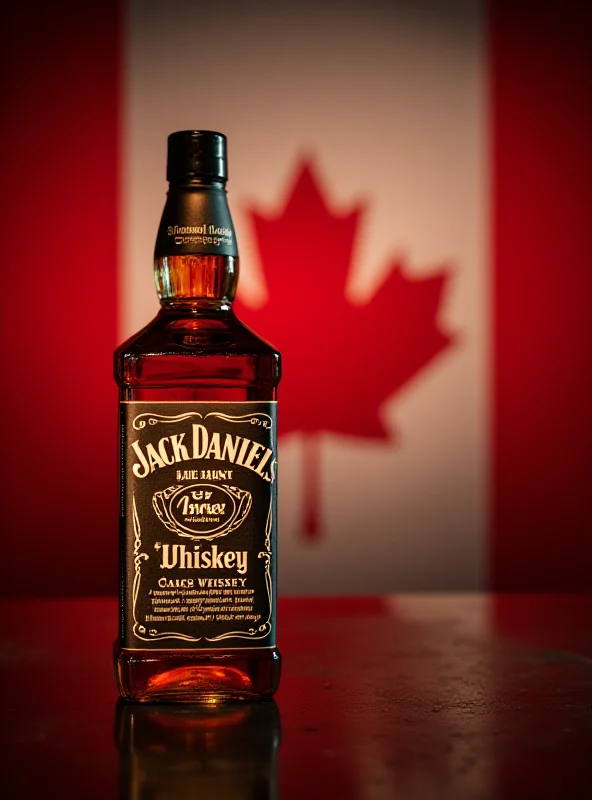 A bottle of Jack Daniel's whiskey with a Canadian flag in the background, suggesting a trade dispute.