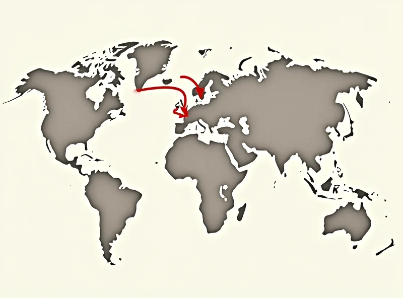 A world map with arrows indicating the flow of goods and money, but with obstacles and barriers representing tariffs and trade restrictions.